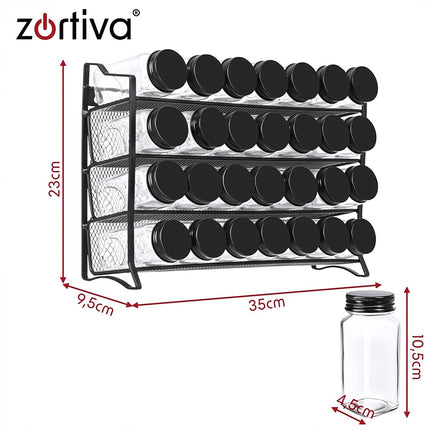 Spice Rack Organiser with 28 Glass Jars and 4 Tiers, Wall-Mountable, Black