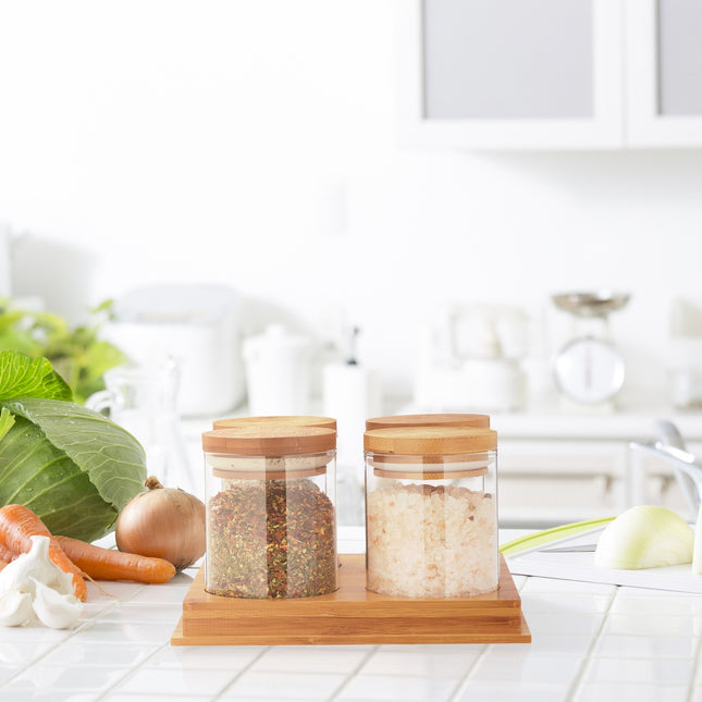 Spice container with tray in bamboo
