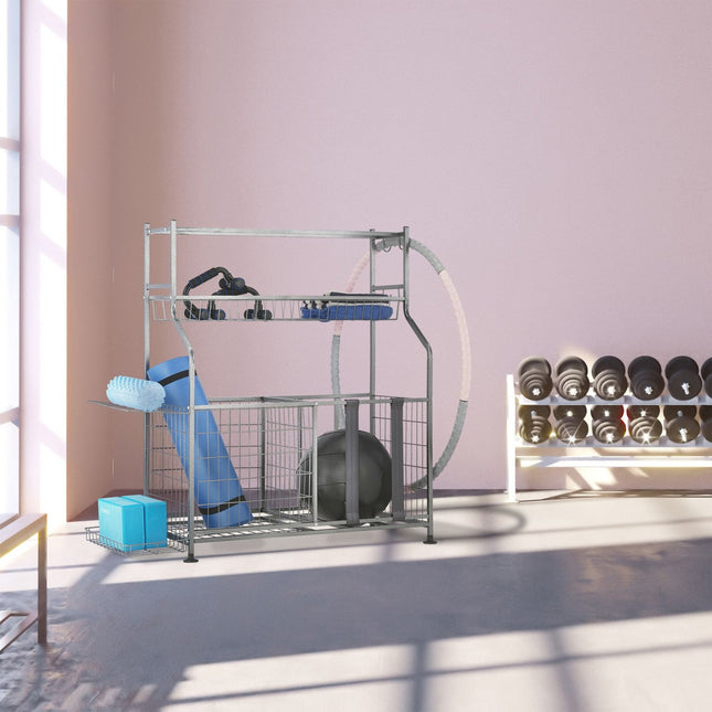 Sports Equipment Rack – Metal, 2 Baskets, Shelves