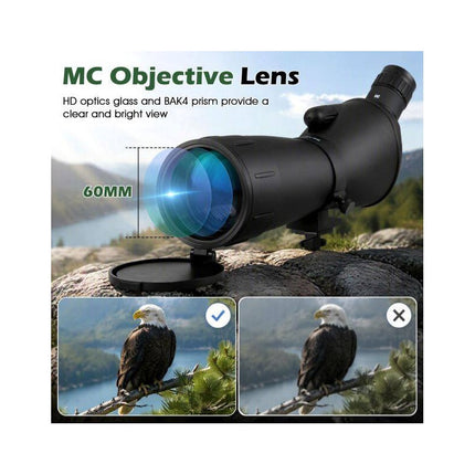 Spotting Scope 20-60x60 HD with Tripod and Phone Adapter, Black, Bird Watching