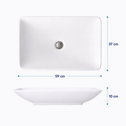 Square Ceramic Countertop Washbasin, 59 x 37 cm, White