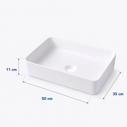 Square Ceramic Washbasin, 50 x 35 x 11 cm, White