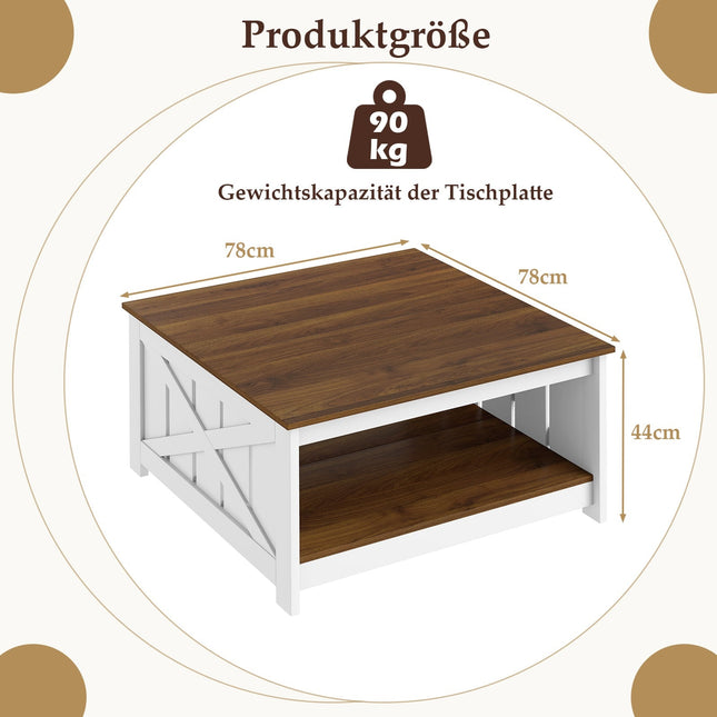 Vierkante salontafel met opbergruimte, 78 cm, wit en bruin
