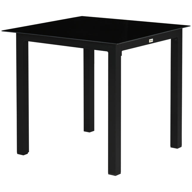 Square aluminum patio table, tempered glass top, seats 4