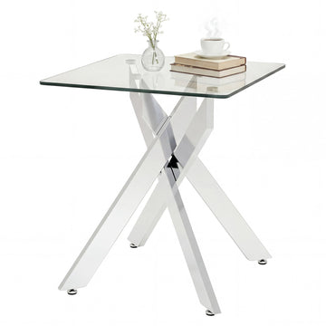 Square Glass Side Table with Metal Frame, Silver