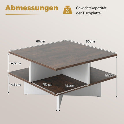 Square Wooden Coffee Table with 4 Storage Shelves, Rustic Brown