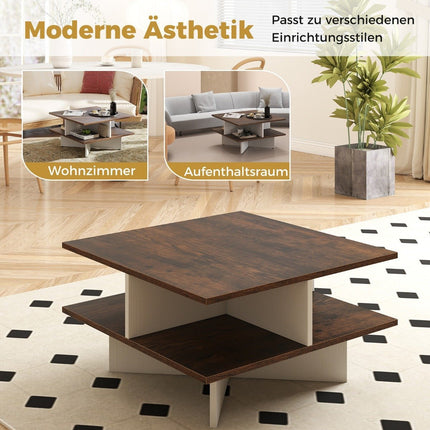 Square Wooden Coffee Table with 4 Storage Shelves, Rustic Brown