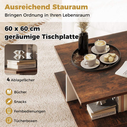 Square Wooden Coffee Table with 4 Storage Shelves, Rustic Brown