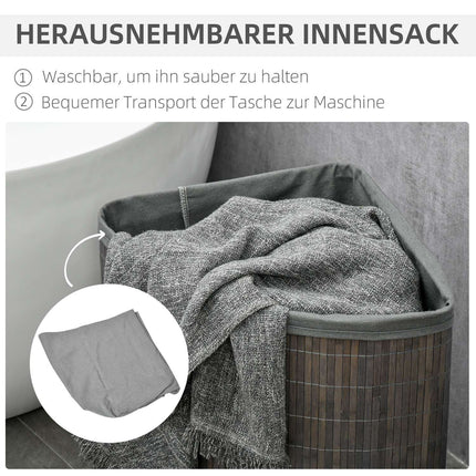 Bamboo laundry basket, 55L with lid & removable bag, grey