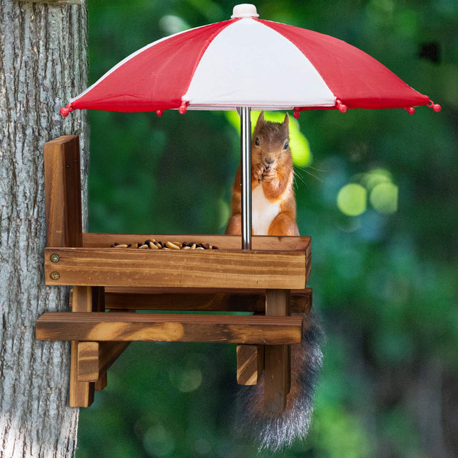 Squirrel Picnic Table Feeder with 2 Umbrellas
