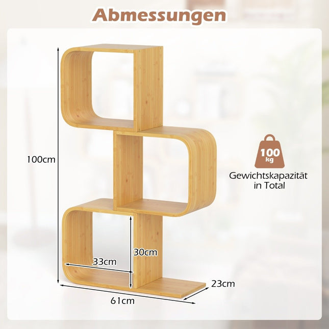 S-shaped bamboo bookcase with 3 levels, standing shelf, cube shelf, office shelf, 61 x 23 x 100 cm
