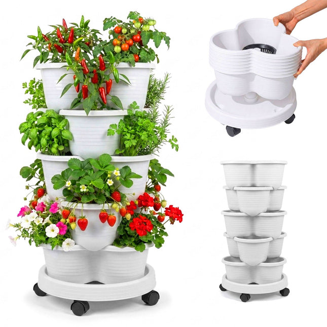 Stackable 5-Tier Plant Tower, 15 Pots, Drainage