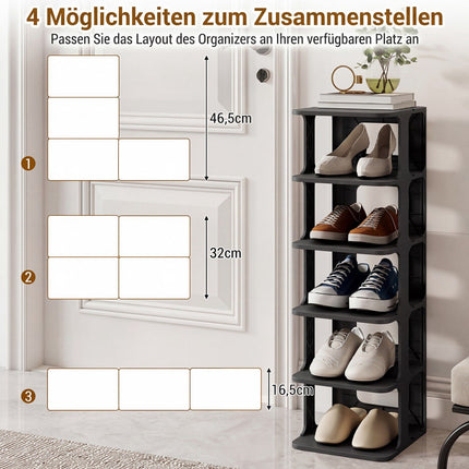 Stackable 6-Tier Shoe Rack, Black, Vertical Organizer