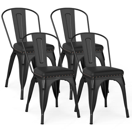 Stackable Black Metal Dining Chairs, Set of 4, Padded Seats