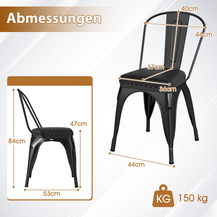 Stackable Black Metal Dining Chairs, Set of 4, Padded Seats