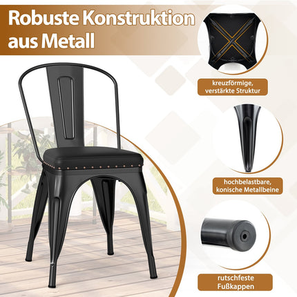 Stackable Black Metal Dining Chairs, Set of 4, Padded Seats
