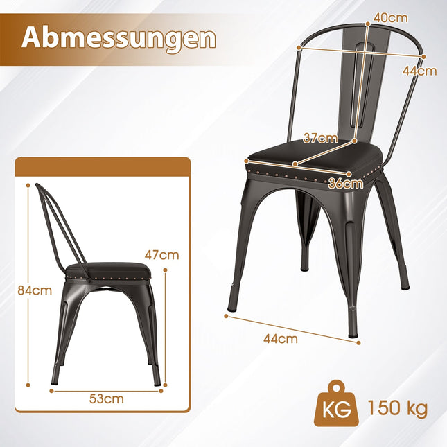 Stapelbare eetkamerstoelen set van 4, metaal, gestoffeerd, afneembare rugleuning