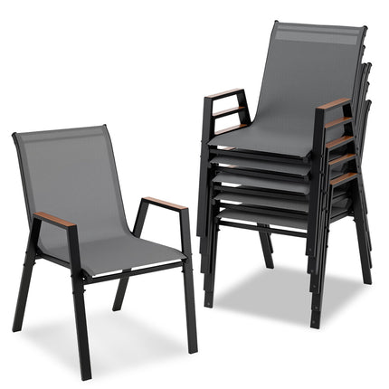 Stackable Garden Chairs Set of 6 in Teslin Fabric, Grey, Wood-Plastic Armrests