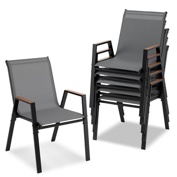 Stackable Garden Chairs Set of 6 in Teslin Fabric, Grey, Wood-Plastic Armrests