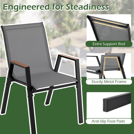 Stackable Garden Chairs Set of 6 in Teslin Fabric, Grey, Wood-Plastic Armrests