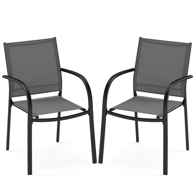 Stackable Outdoor Chairs, Set of 2, Metal & Textilene, Gray
