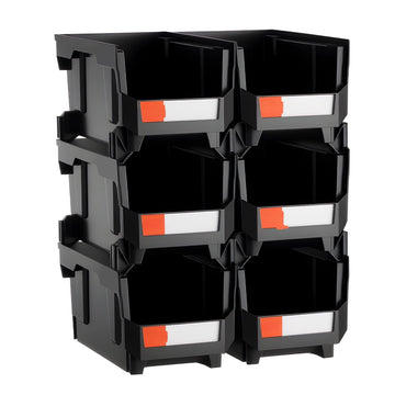 Stackable Storage Bins, Open Front, Black, 6 Pack, 37.7 x 21.5 x 18 cm