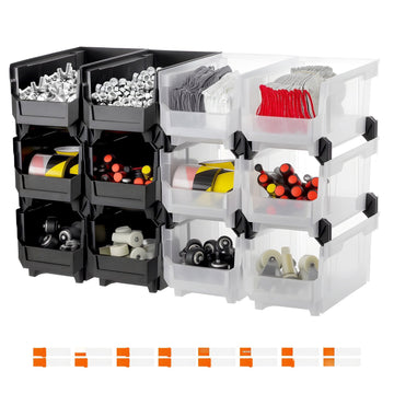 Stackable Storage Bins, Open-Front PP Plastic, 12-Pack