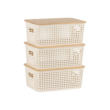 Stackable Storage Box Set with Bamboo Lid, Perforated Design
