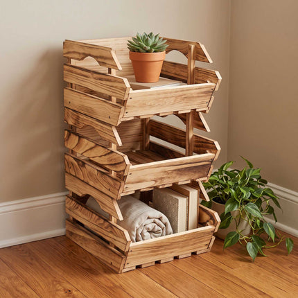 Stackable Wooden Crates Set, Flamed Finish, 3 Pack