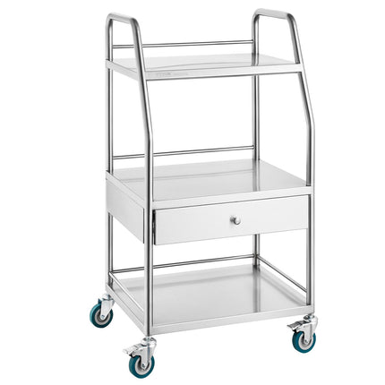 Stainless Steel 3-Tier Utility Cart With Drawer, Locks