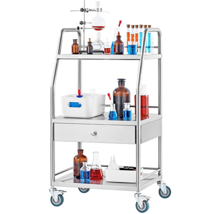Stainless Steel 3-Tier Utility Cart With Drawer, Locks