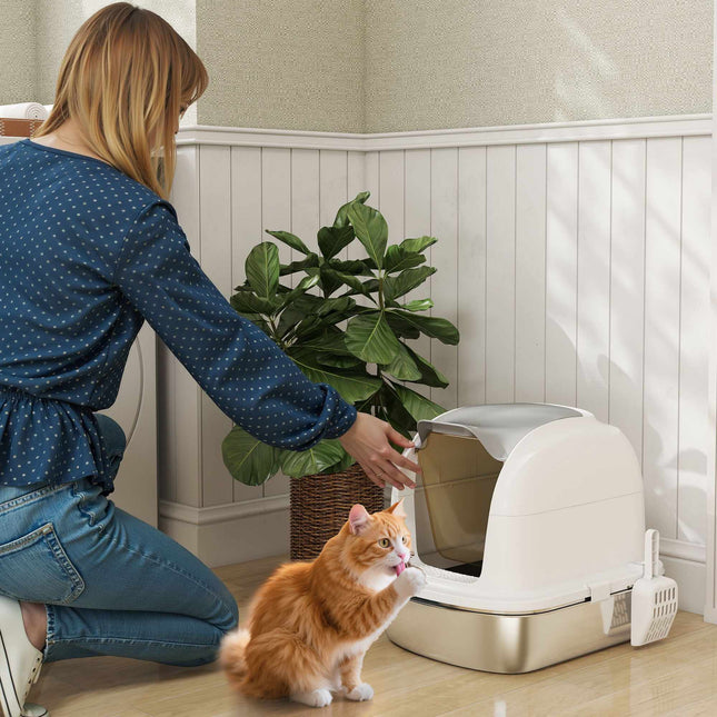 Stainless Steel Cat Litter Box with Lid, Scoop, 52x41x42 cm