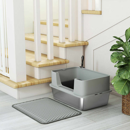 Stainless Steel Cat Litter Box with Scoop, High Sides, Grey