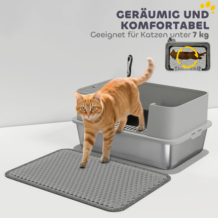 Stainless Steel Cat Litter Box with Scoop, High Sides, Grey