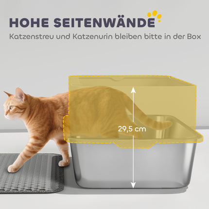Stainless Steel Cat Litter Box with Scoop, High Sides, Grey
