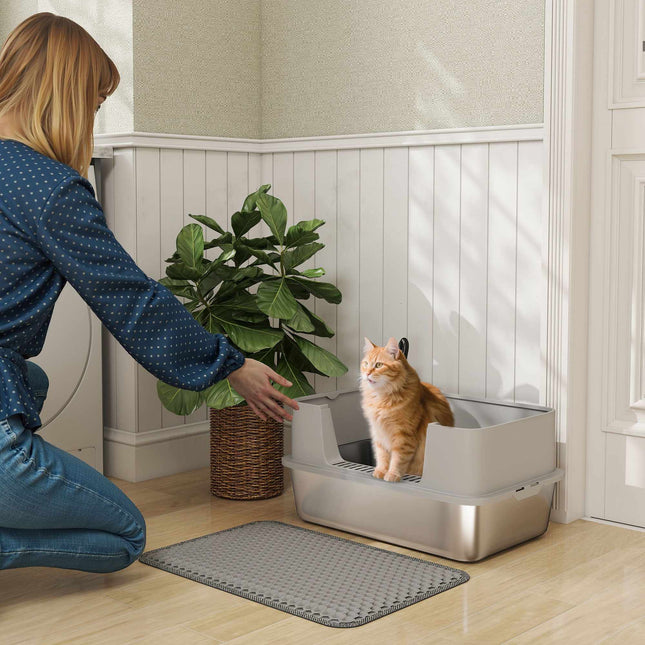 Stainless Steel Cat Litter Box with Scoop, High Sides, Grey