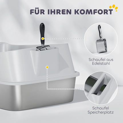 Stainless Steel Cat Litter Box with Scoop, High Sides, XL