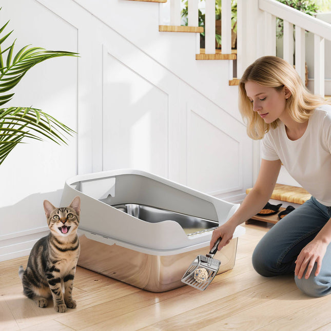 Stainless Steel Cat Litter Box with Scoop, High Sides, XL