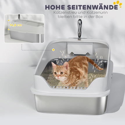 Stainless Steel Cat Litter Box with Scoop, High Sides, XL