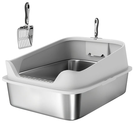 Stainless Steel Cat Litter Box with Scoop, High Sides, XXL