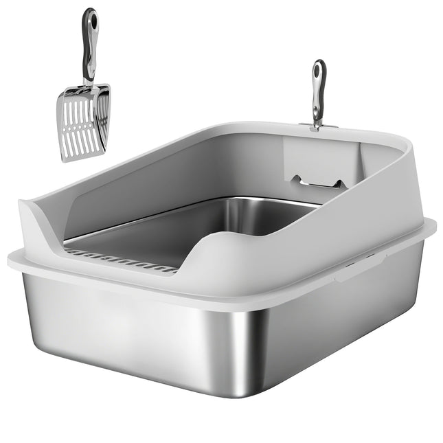 Stainless Steel Cat Litter Box with Scoop, High Sides, XXL