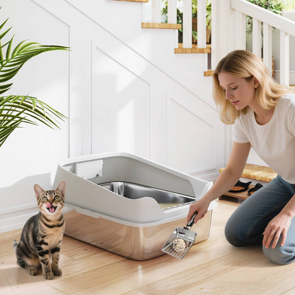 Stainless Steel Cat Litter Box with Scoop, High Sides, XXL
