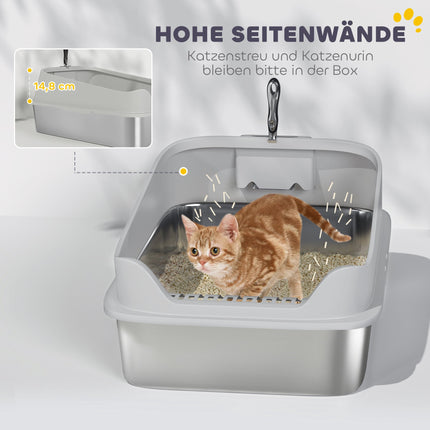 Stainless Steel Cat Litter Box with Scoop, High Sides, XXL