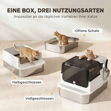 Stainless Steel Covered Cat Litter Box, 72L XXL, Double-Entry