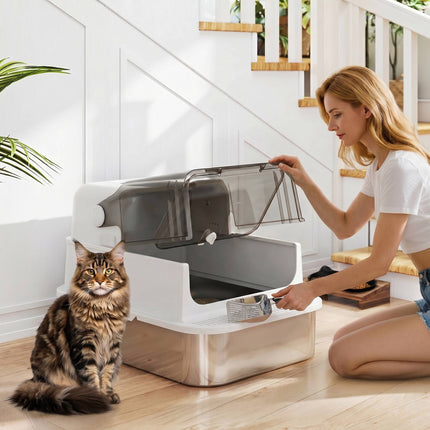 Stainless Steel Covered Cat Litter Box, 72L XXL, Double-Entry