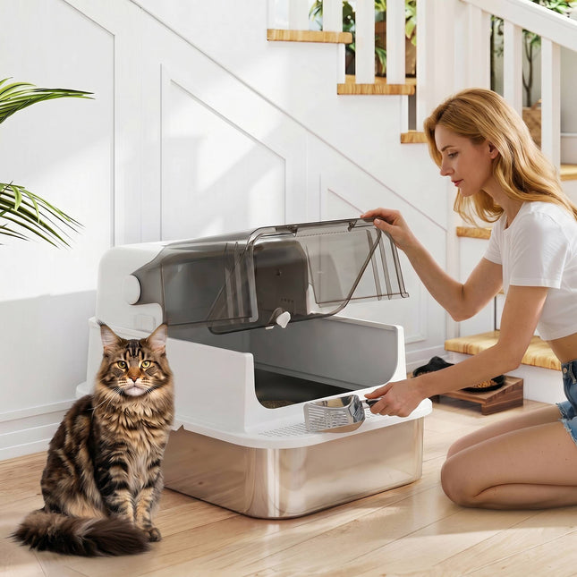 Stainless Steel Covered Cat Litter Box, 72L XXL, Double-Entry