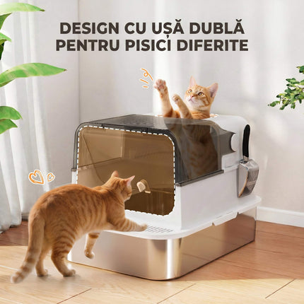 Stainless Steel Covered Cat Litter Box, 72L XXL, Double-Entry