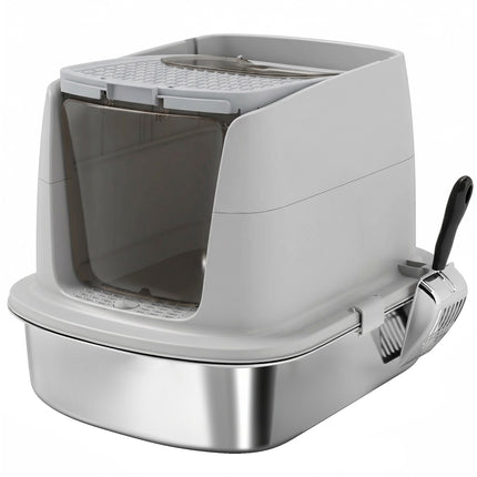 Stainless Steel Enclosed Cat Litter Box, Scoop Included