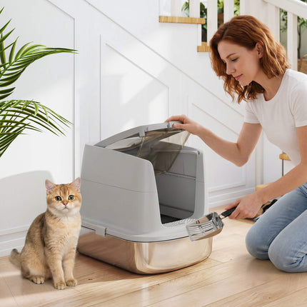 Stainless Steel Enclosed Cat Litter Box, Scoop Included