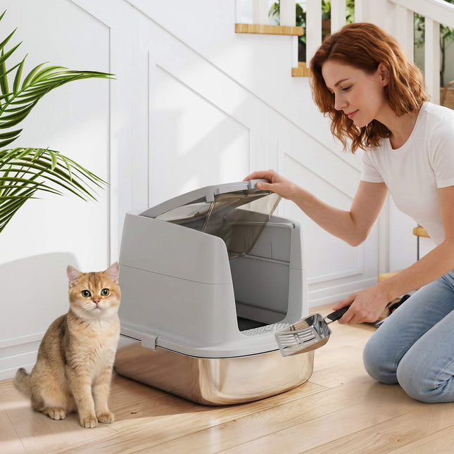 Stainless Steel Enclosed Cat Litter Box, Scoop Included